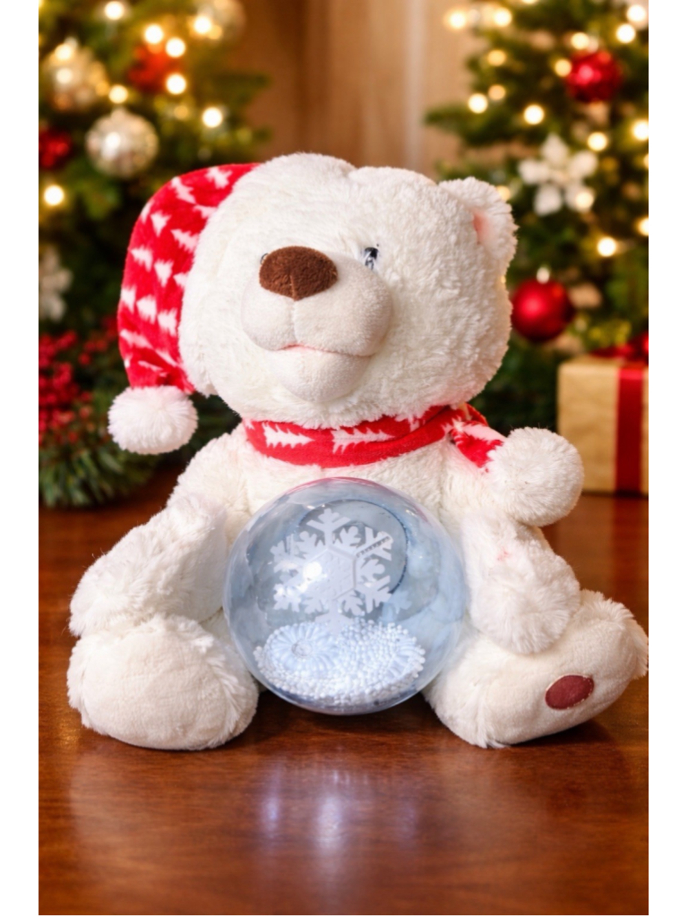 Animated Teddy Bear Musical Snow Globe Lights Up Sings Let It Snow Christmas